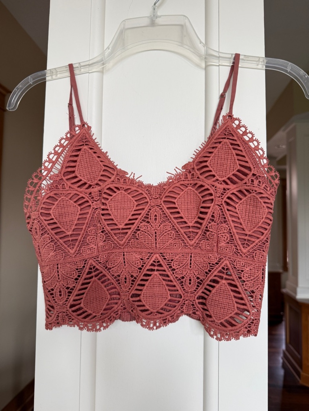 Say What? Women’s M Fringe Boho Festival Coral Lace Crochet Crop Cami Top